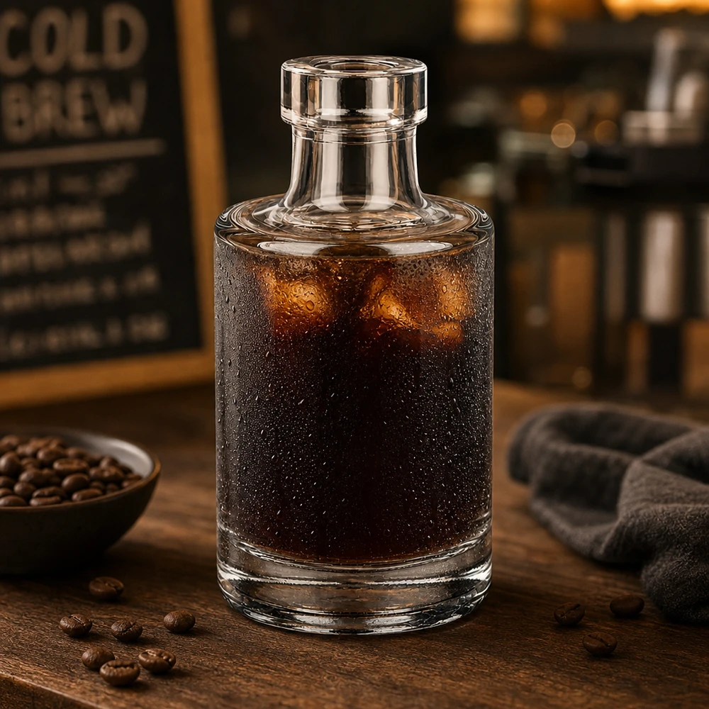 100ml Glasflasche Marie mit Cold Brew Kaffee gefüllt neben Kaffeebohnen in gemütlicher Café-Atmosphäre