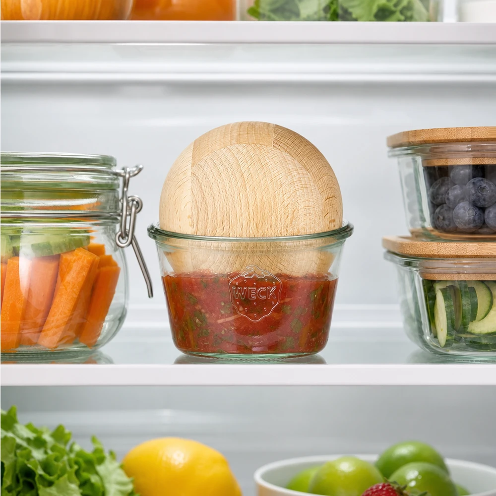 Kubki 370ml WECK RR100 z drewnianą kulką buk WECK RR100 Słoik do przechowywania w lodówce 370ml Salsa Dip Bukowa kula obok warzyw świeże składniki