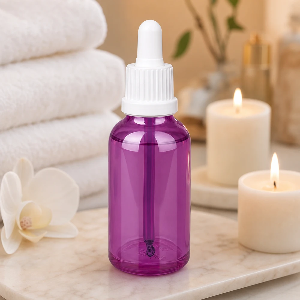 Butelka z pipetą 30 ml biała oryginalna zakrętka PurpleLine UT18/30 Wysokiej jakości butelka z pipetą o pojemności 30 ml wykonana z fioletowego szkła z białą nasadką UT18 do serum