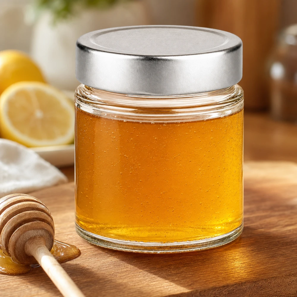 135ml okrągły słoik srebrna pokrywka wypełniony złotym miodem łyżka miodu cytryna kuchnia naturalna słoik na żywność