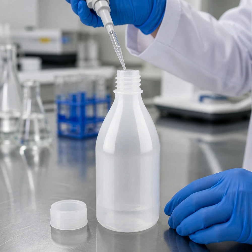 Butelka laboratoryjna 100 ml z wąską szyjką bez zakrętki 100 ml plastikowych butelek z wąską szyjką, bez zamknięcia, biało-przezroczystych, na stole laboratoryjnym