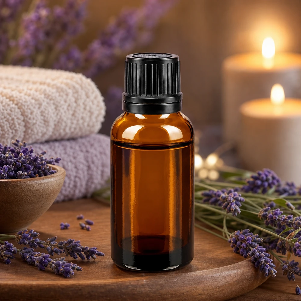 Butelka z brązowego szkła o pojemności 20 ml, z czarną zakraplaczką i otworem 8 mm, przeznaczona do aromaterapii i kosmetyków naturalnych