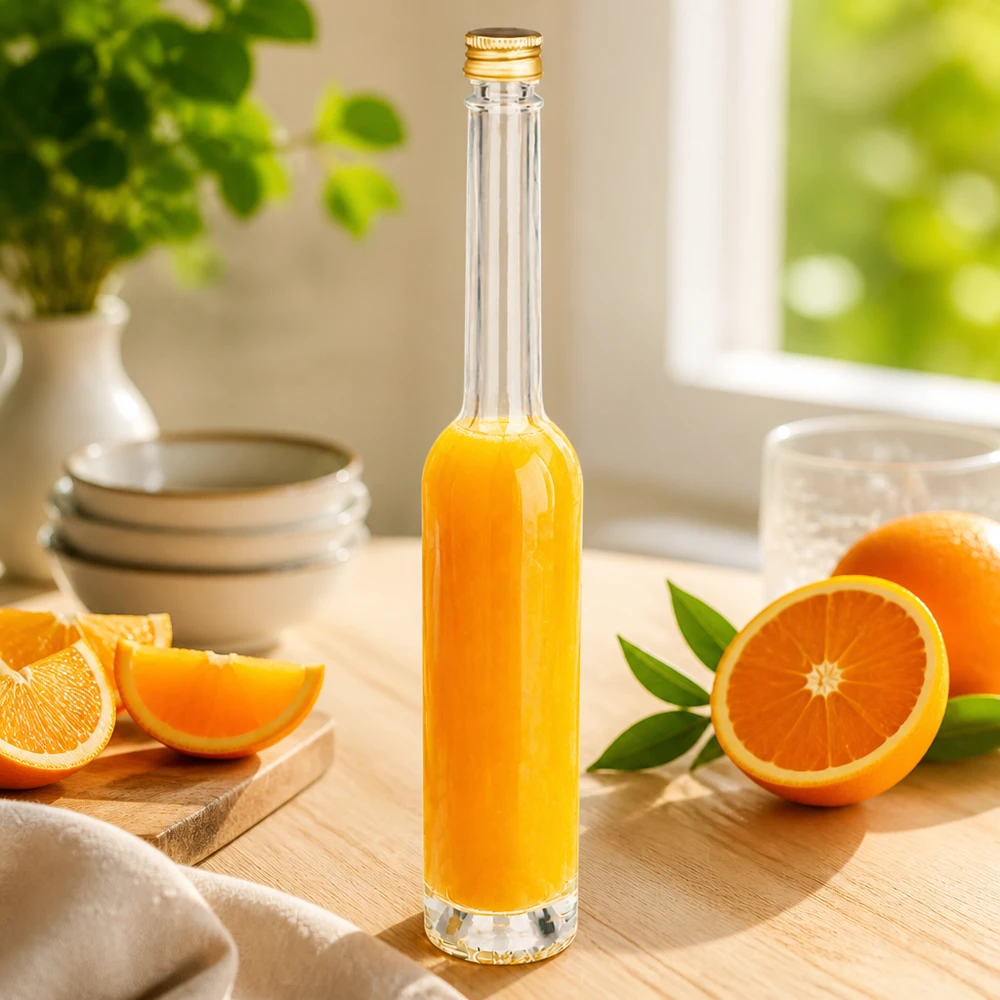 100ml szklana butelka Toni wypełniona sokiem pomarańczowym - złota zakrętka UNiTWIST w kuchennej scenerii ze świeżymi pomarańczami
