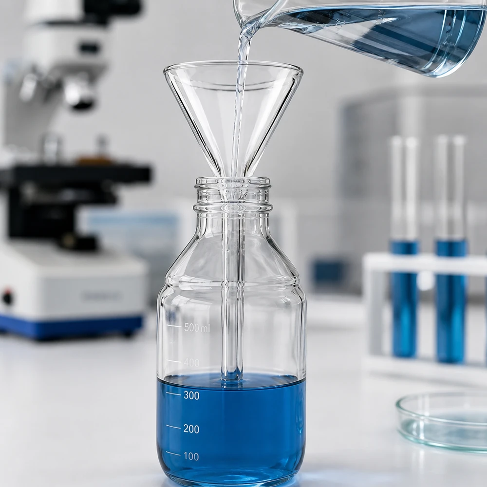 Lejek Ø 30 mm do wapna sodowanego, kąt 60°, krótki Kompaktowy lejek laboratoryjny wykonany ze szkła sodowo-wapniowego z otworem 30 mm do wydajnego dozowania cieczy
