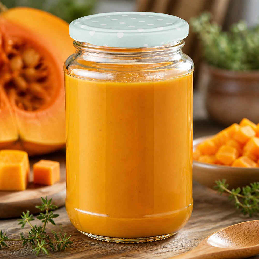 Puree z dyni w okrągłej szklanej butelce UNiTWIST o pojemności 320 ml z pokrywką BasicSeal w kropki w kolorze miętowym matowym obok świeżej dyni