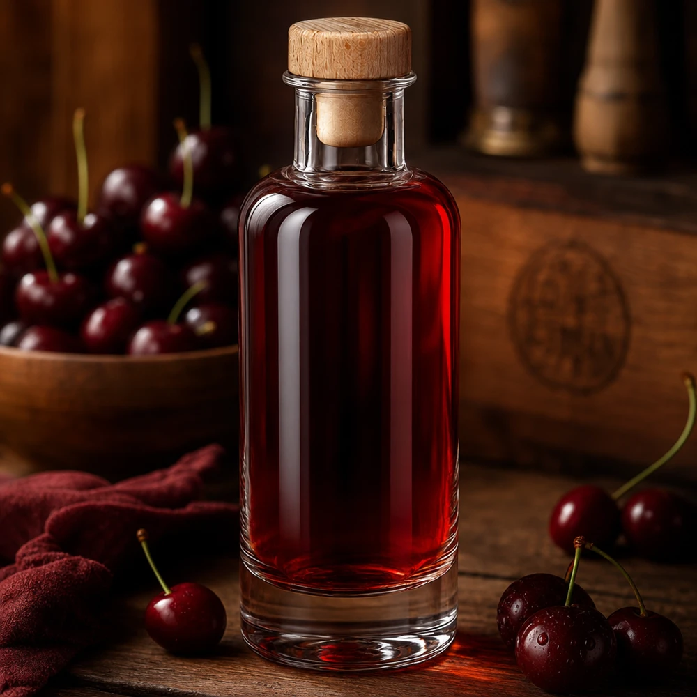 Szklana butelka 200 ml Ella z drewnianym korkiem z uchwytem UNiTWIST® Glasflasche Ella 200ml mit Holzkorken gefüllt mit rotem Kirschlikör zwischen frischen Kirschen auf warmem Holztisch
