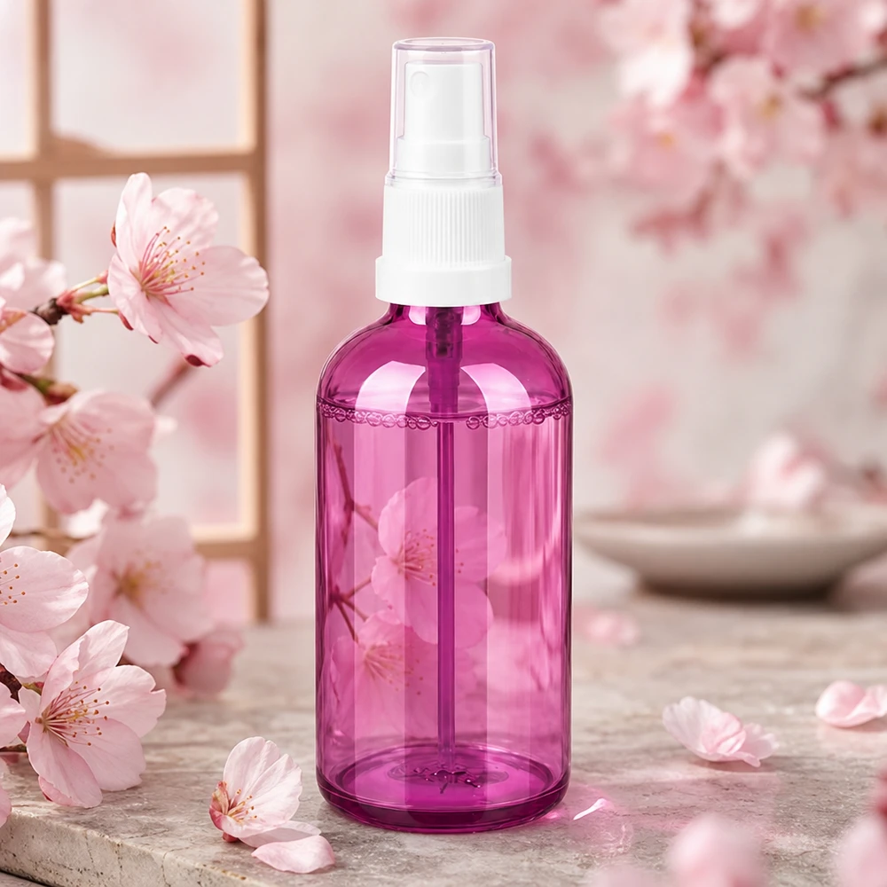 Mała butelka z rozpylaczem o pojemności 100 ml w przezroczystym fioletowym kolorze, idealna w podróży i w podróży