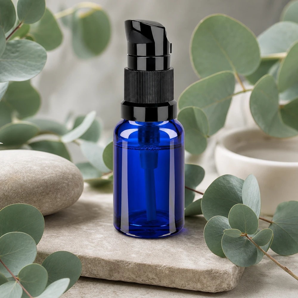10 ml butelka z pompką czarna STD BlueLine UT18/10 Wysokiej jakości szklana buteleczka o pojemności 10 ml z pompką do dozowania olejków eterycznych i produktów pielęgnacyjnych BlueLine UT18/10