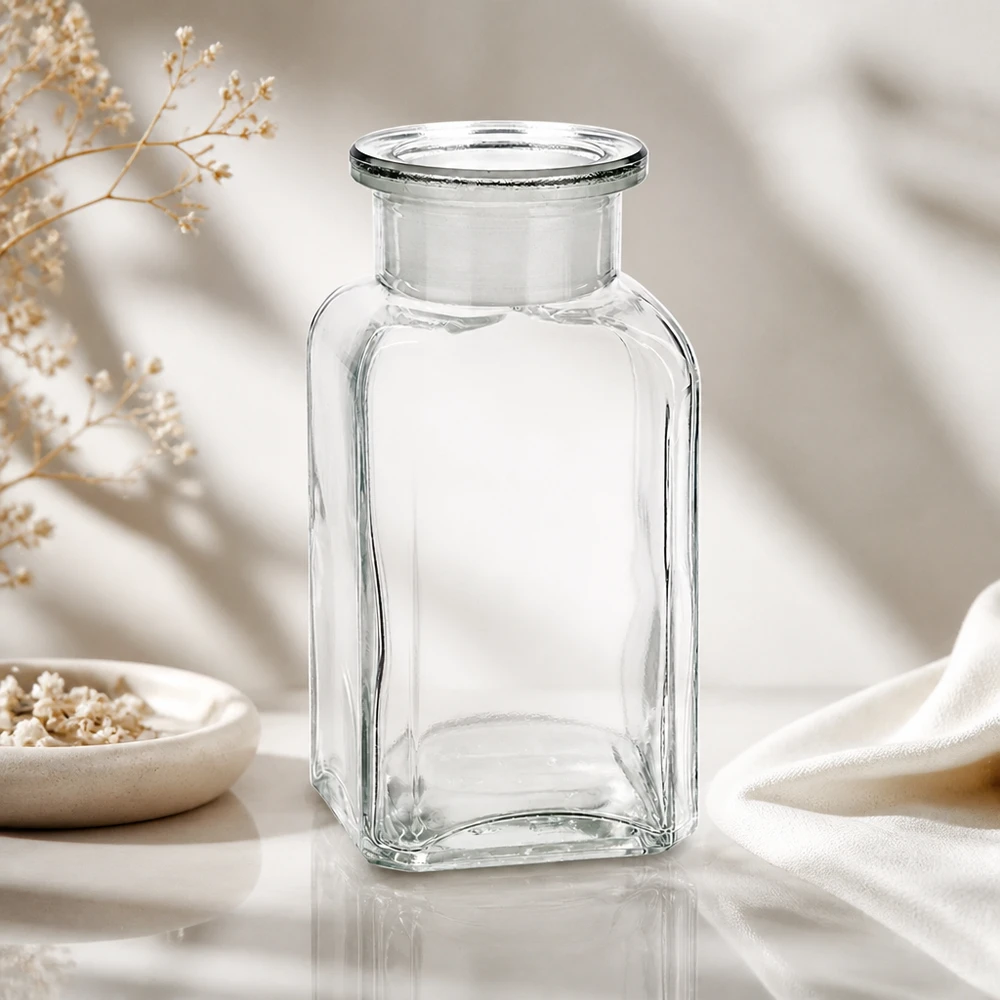 Kwadratowa butelka 100 ml z przezroczystą zatyczką z szeroką szyjką Pusta, przezroczysta butelka kwadratowa o pojemności 100 ml z szeroką szyjką na tle eleganckiej białej tkaniny i suszonych kwiatów