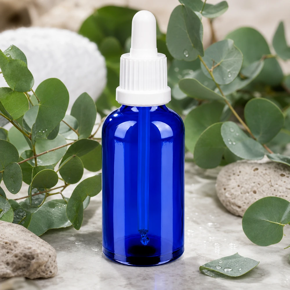 Elegancka niebieska butelka z pipetą OV BlueLine UT18/50 o pojemności 50 ml z ergonomiczną białą nasadką z zakraplaczem