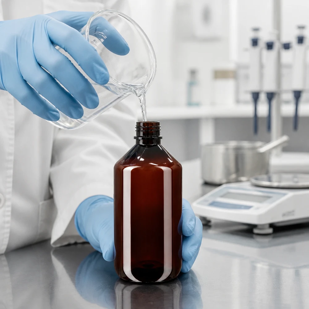 Naukowiec napełnia w laboratorium brązową butelkę PET o pojemności 500 ml z oryginalnym zamknięciem, korzystając z wagi precyzyjnej