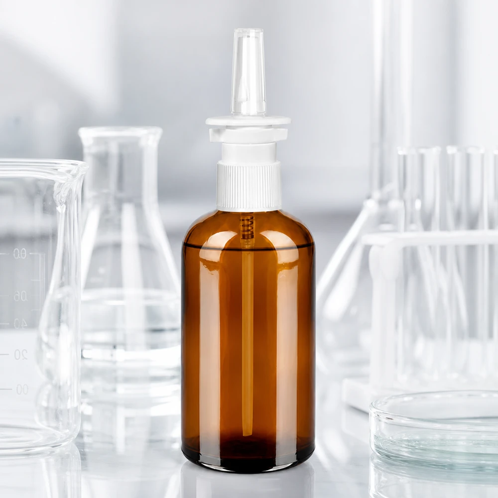100 ml butelka z atomizerem do nosa, przezroczysta STD BrownLine UT18/100 Kompaktowa butelka z aerozolem do nosa o pojemności 100 ml w kolorze brązowym z ergonomiczną głowicą rozpylającą do precyzyjnego dozowania