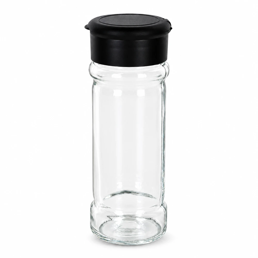 Cylindryczny pojemnik na przyprawy z przezroczystego szkła o pojemności 100 ml z czarną plastikową pokrywką z dozownikiem umieszczonym na górze