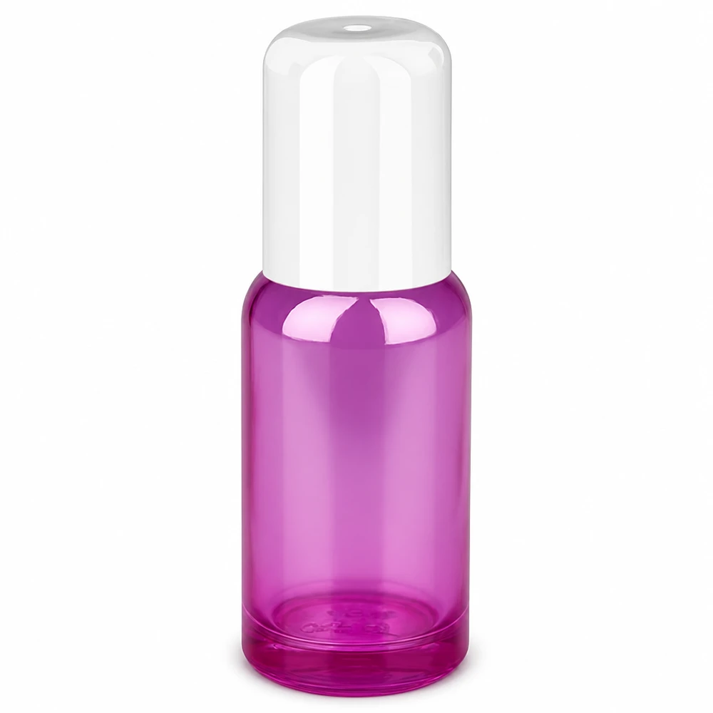 Butelka roll-on 20 ml fioletowa, przezroczysta z białą zakrętką do kosmetyków i perfum