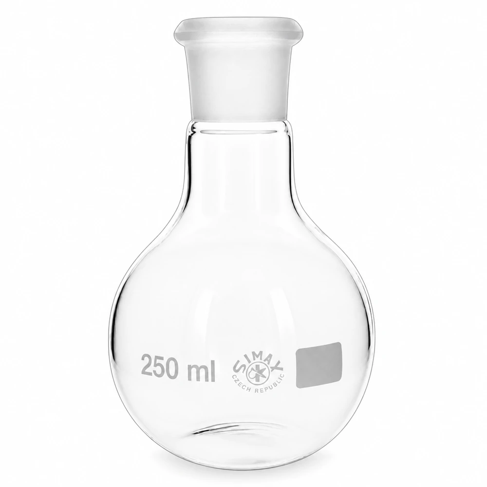 Tłok 250 ml ze standardowym złączem szlifowanym (29/32) Okrągła szklana kolba 250 ml ze standardowym szlifowanym złączem 29/32 i korkiem do eksperymentów chemicznych