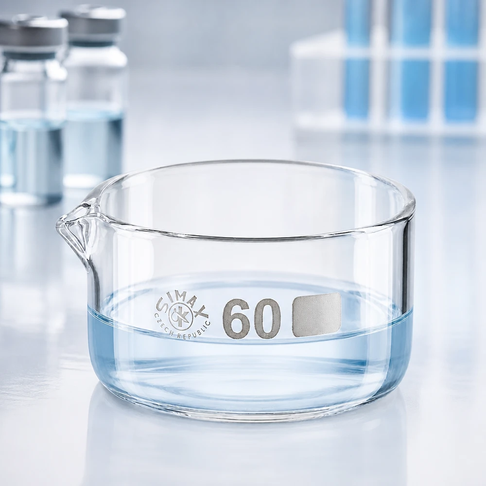 Naczynie krystalizacyjne 60 ml z borokrzemianową wylewką Miska krystalizacyjna 60 ml Simax – płaska szklana miska z wylewką i oznaczeniem na dnie, laboratoryjna, cylindryczna, przezroczysta