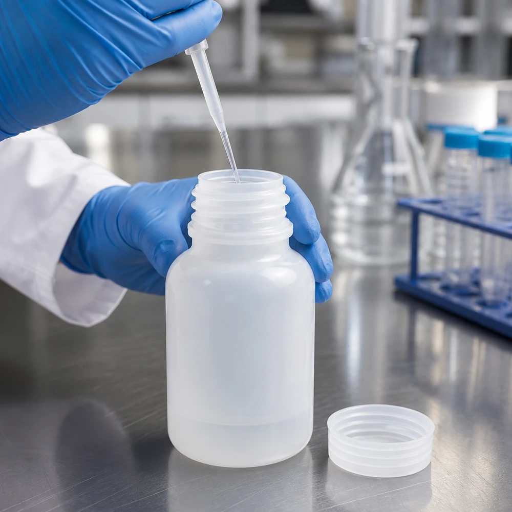 Laborant napełnia pipetą 100 ml plastikową butelkę z szeroką szyjką w profesjonalnym laboratorium