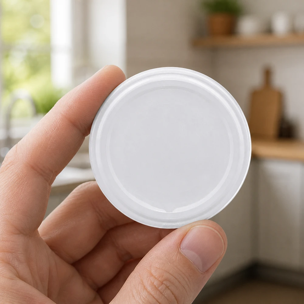 UNiTWIST TO58 biały, BioSeal, bez BPA, unitemp UNiTWIST TO58 biała pokrywka śrubowa 58 mm BioSeal unitemp BPA-NI – widok z góry w dłoni