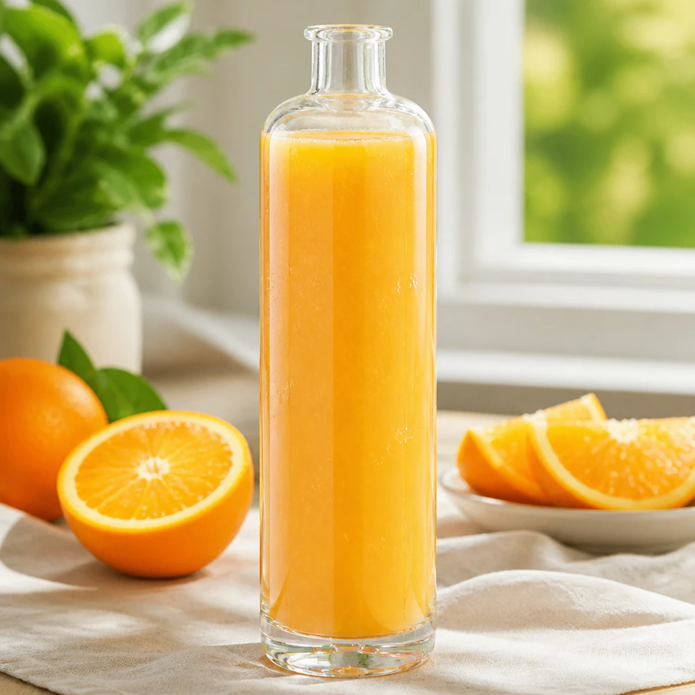 700 ml szklana butelka Ella wypełniona świeżym sokiem pomarańczowym obok plasterków pomarańczy na jasnym stole kuchennym z dekoracją roślinną
