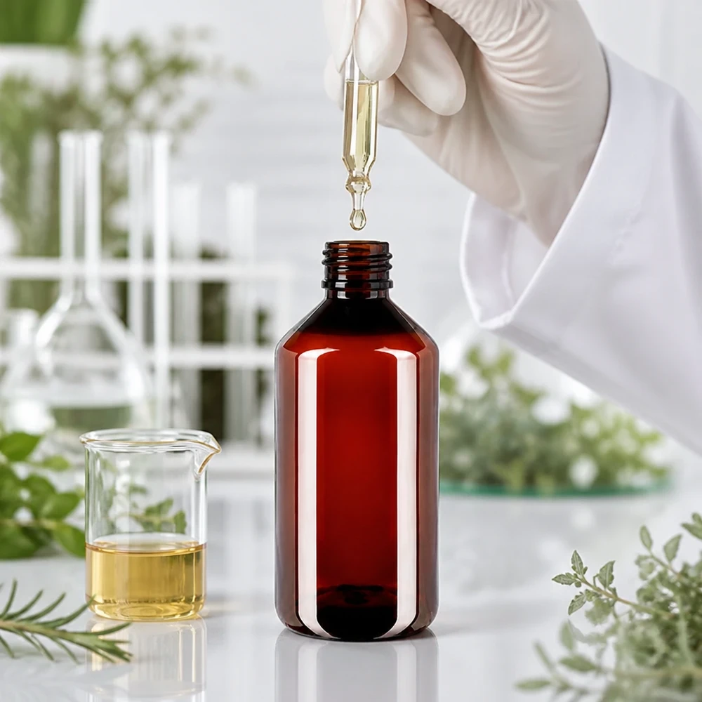 Butelka PET 750 ml z czarną nakrętką OV Brązowa butelka PET o pojemności 750 ml z pipetą kroplową w laboratorium z ziołami i zlewką
