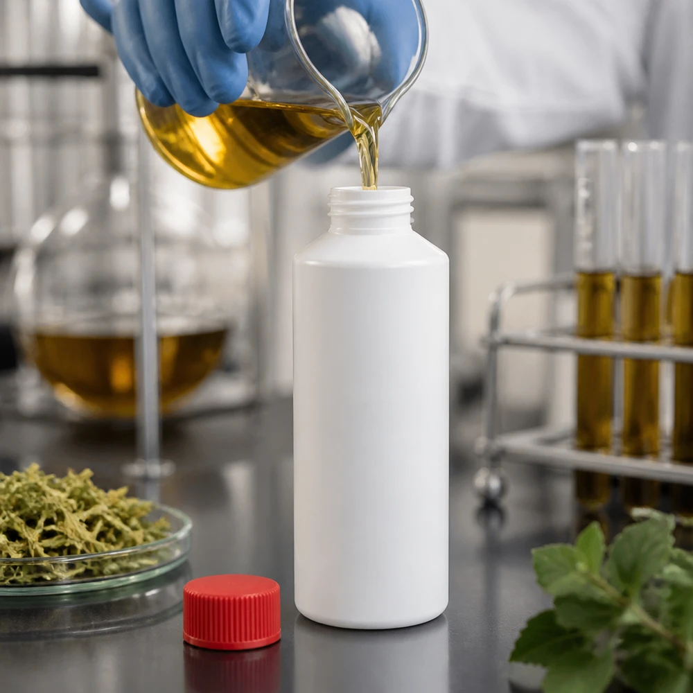 Biały pojemnik z tworzywa HDPE o pojemności 100 ml z czerwonym zamknięciem podczas napełniania żółtym olejem w laboratorium