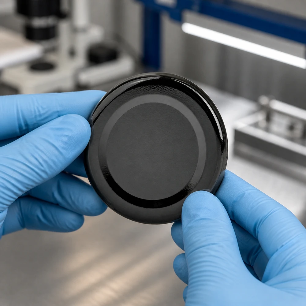 Kontrola laboratoryjna czarnej nakrętki BasicSeal TO48 o średnicy 48 mm przy użyciu niebieskich rękawic ochronnych