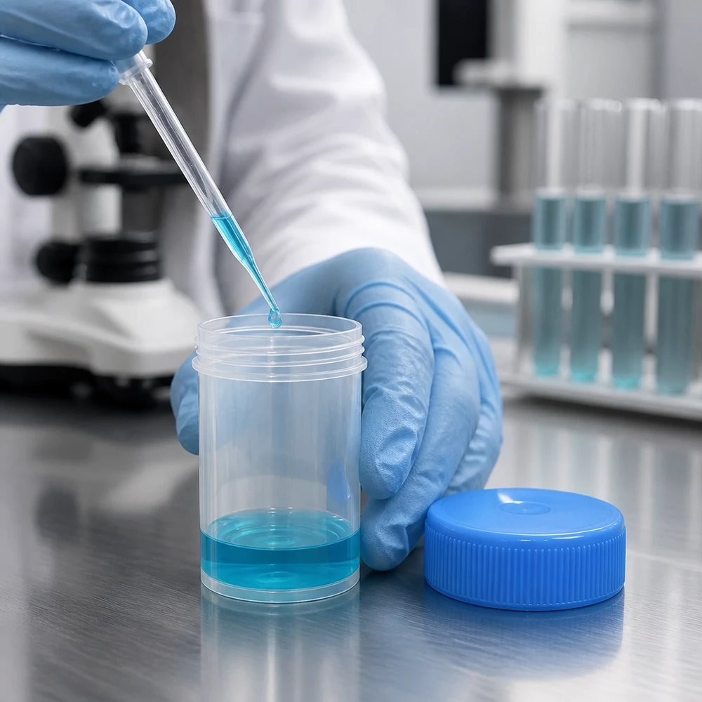 Niebieski płyn wlewa się pipetą do przezroczystego pojemnika na próbki o pojemności 20 ml z zakręcaną pokrywką