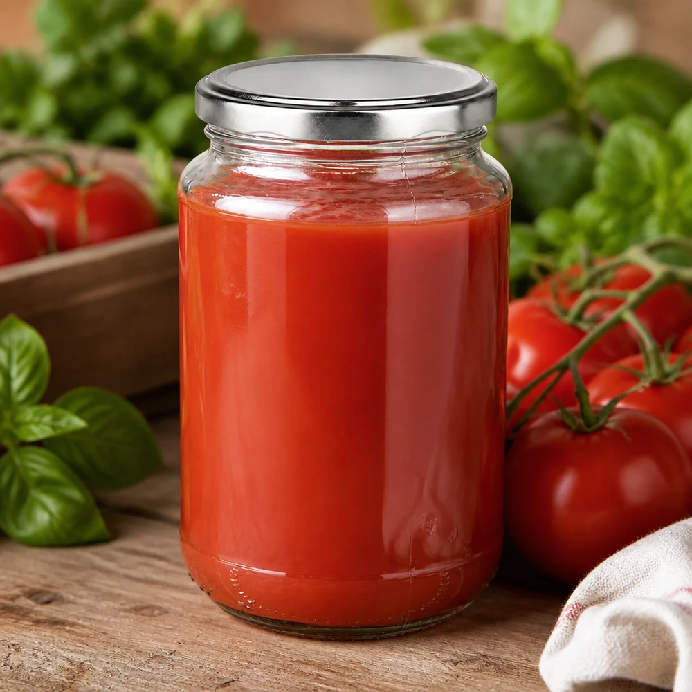 Okrągła szklanka 320 ml + uszczelka BasicSeal w kolorze srebrnym UNiTWIST Domowy sos pomidorowy zamknięty w okrągłej szklanej butelce UniTwist o pojemności 320 ml z srebrną pokrywką BasicSeal