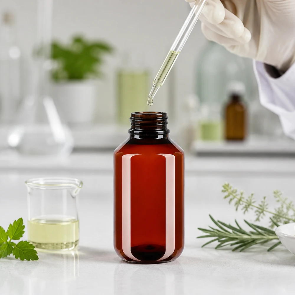 Butelka PET w kolorze bursztynowym o pojemności 100 ml z białym opakowaniem zewnętrznym w środowisku laboratoryjnym, z pipetą i ziołami