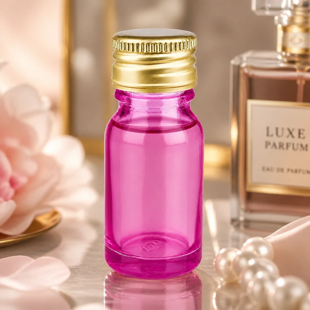 Butelka 10ml 11mm zakrętka aluminiowa standard złota PurpleLine. UT18/10 Wysokiej jakości butelka o pojemności 10 ml z eleganckim fioletowym szkłem i wysokiej jakości aluminiowo-złotą zakrętką dla luksusowych produktów.