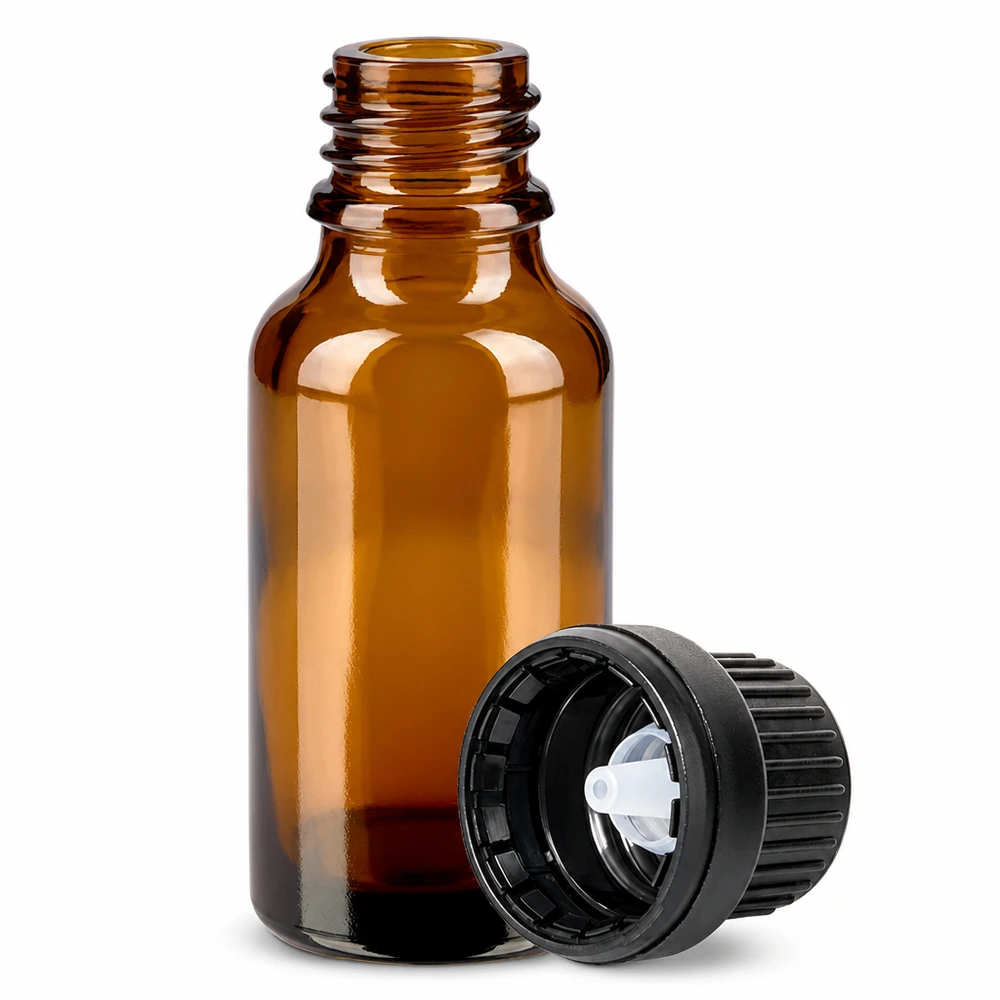 Butelka z bursztynowego szkła o pojemności 20 ml z zakraplaczem 2 mm do precyzyjnego dozowania płynów