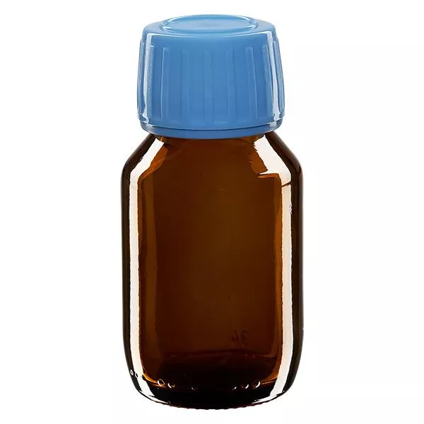 Butelka na lek 50 ml brązowa, niebieska zakrętka z pierścieniem ApoGlas. Farmaceutyczna jakość produkcji UE. Gwint 28 mm (PP28). (syrop, butelka z lekkiego szkła) Butelka na lek 50 ml brązowa, niebieska zakrętka z pierścieniem ApoGlas. Farmaceutyczna jakość produkcji UE. Gwint 28 mm (PP28). (syrop, butelka z lekkiego szkła)
