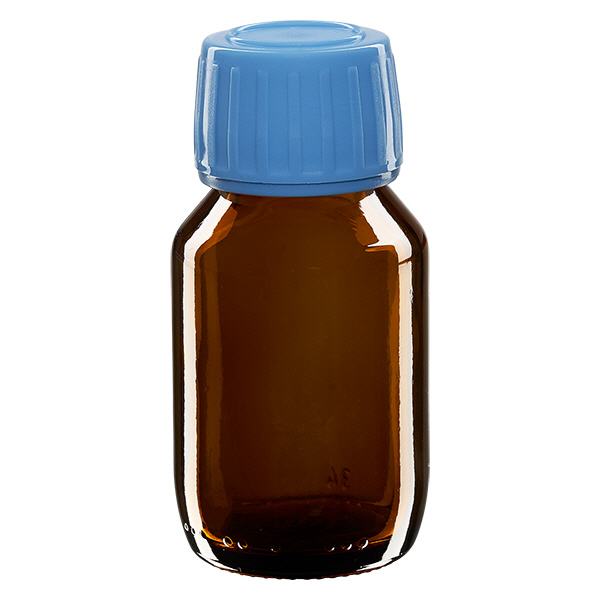 Butelka na lek 50 ml brązowa, niebieska zakrętka z pierścieniem ApoGlas. Farmaceutyczna jakość produkcji UE. Gwint 28 mm (PP28). (syrop, butelka z lekkiego szkła) Butelka na lek 50 ml brązowa, niebieska zakrętka z pierścieniem ApoGlas. Farmaceutyczna jakość produkcji UE. Gwint 28 mm (PP28). (syrop, butelka z lekkiego szkła)