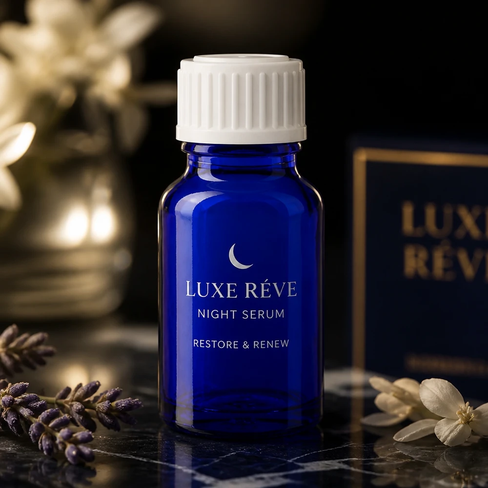 Butelka apteczna niebieska 10ml zakrętka biała szt. Luxe Reve Night Serum w kobaltowo-niebieskiej buteleczce aptecznej o pojemności 10 ml z białą zakrętką
