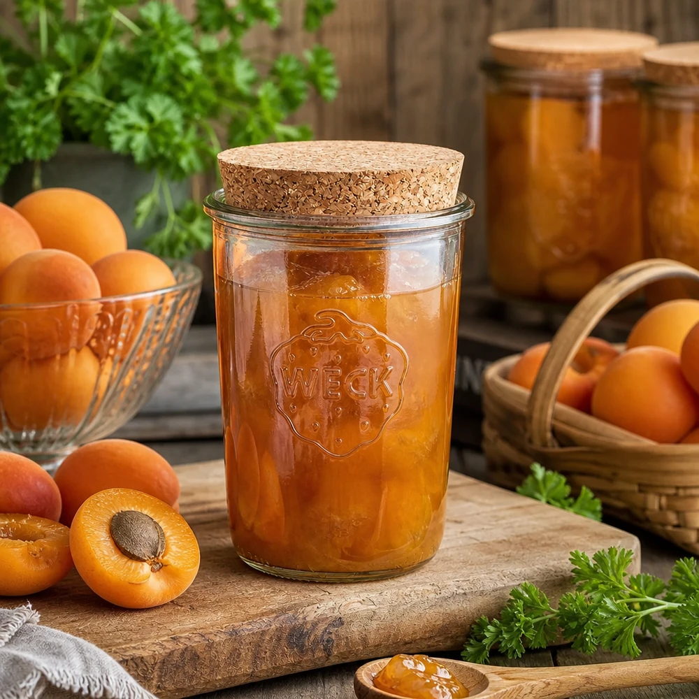 WECK RR100 850ml słoik z korkiem wypełniony dżemem morelowym obok świeżych moreli na drewnianym stole