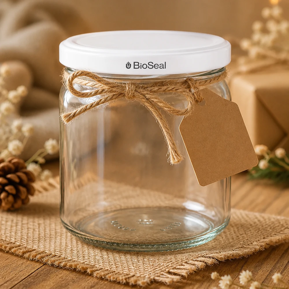 UNiTWIST Runda408 z białą pokrywką TO82 BioSeal UNiTWIST Runda408 dekorativ mit Juteschleife und Geschenkanhänger - stilvoll verpacktes Einmachglas als Geschenkidee