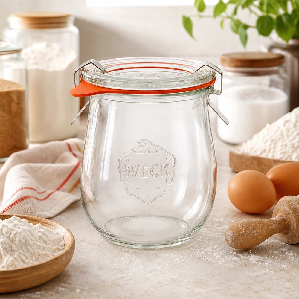 WECK tulipan słoik 220ml RR60 w piekarni z mąką jajkami i przyborami kuchennymi słoik do przechowywania składników do pieczenia
