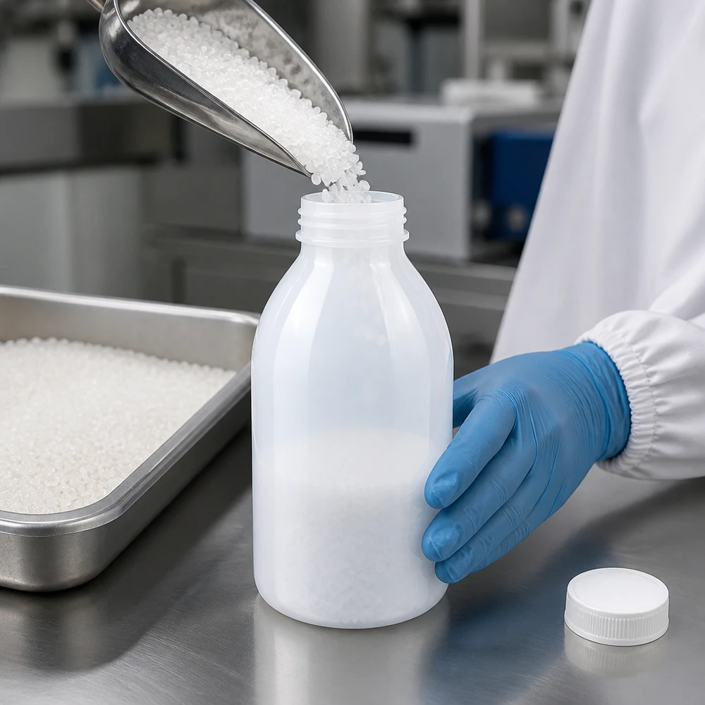 Butelka zakręcana 500 ml, butelka laboratoryjna z wąską szyjką Weißes Granulat wird über Metalltrichter in 500ml Enghals Laborflasche gefüllt
