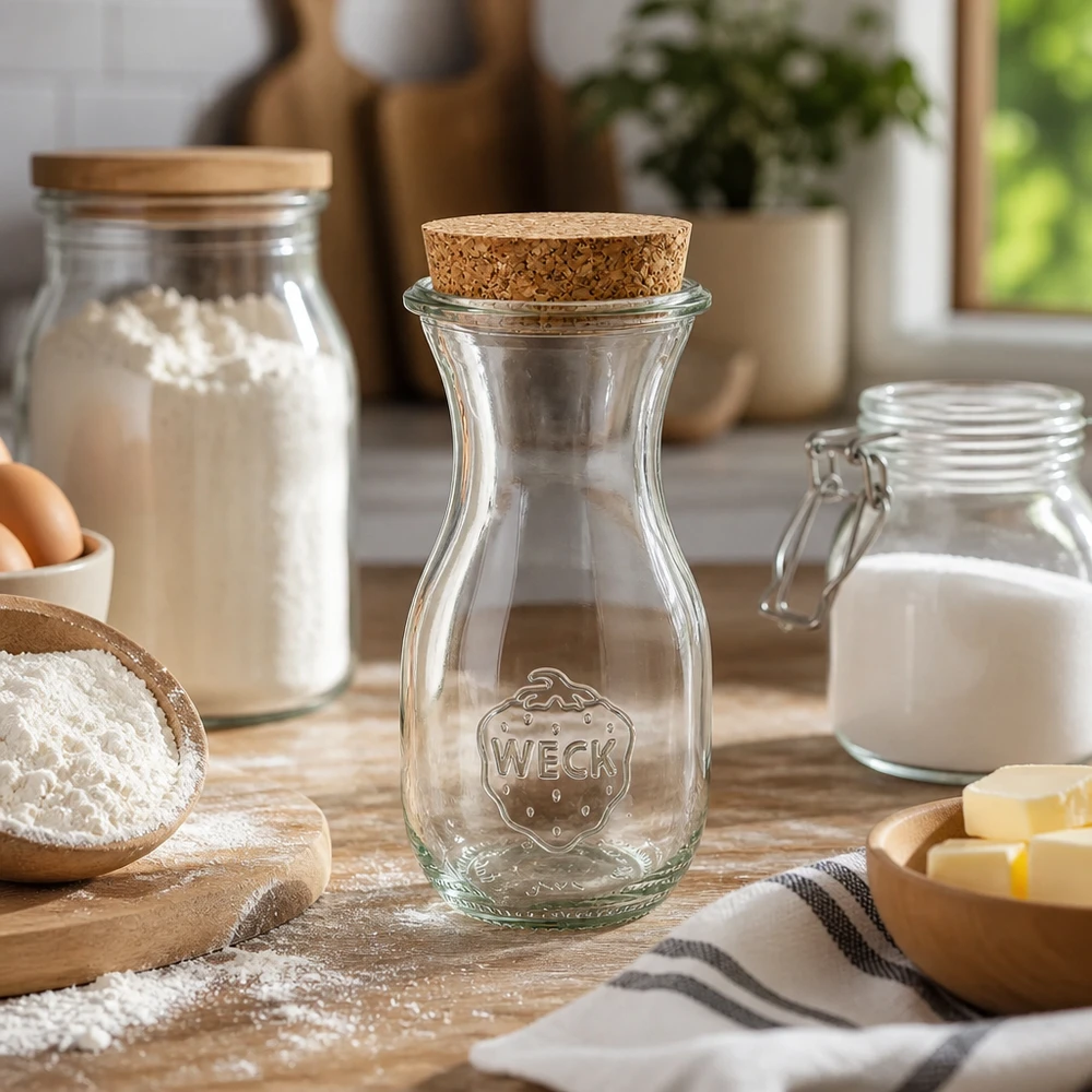 Butelka soku WECK 290ml RR60 pusta w kuchni otoczona składnikami do pieczenia mąka mleko masło na drewnianej desce w stylu wiejskiego domu
