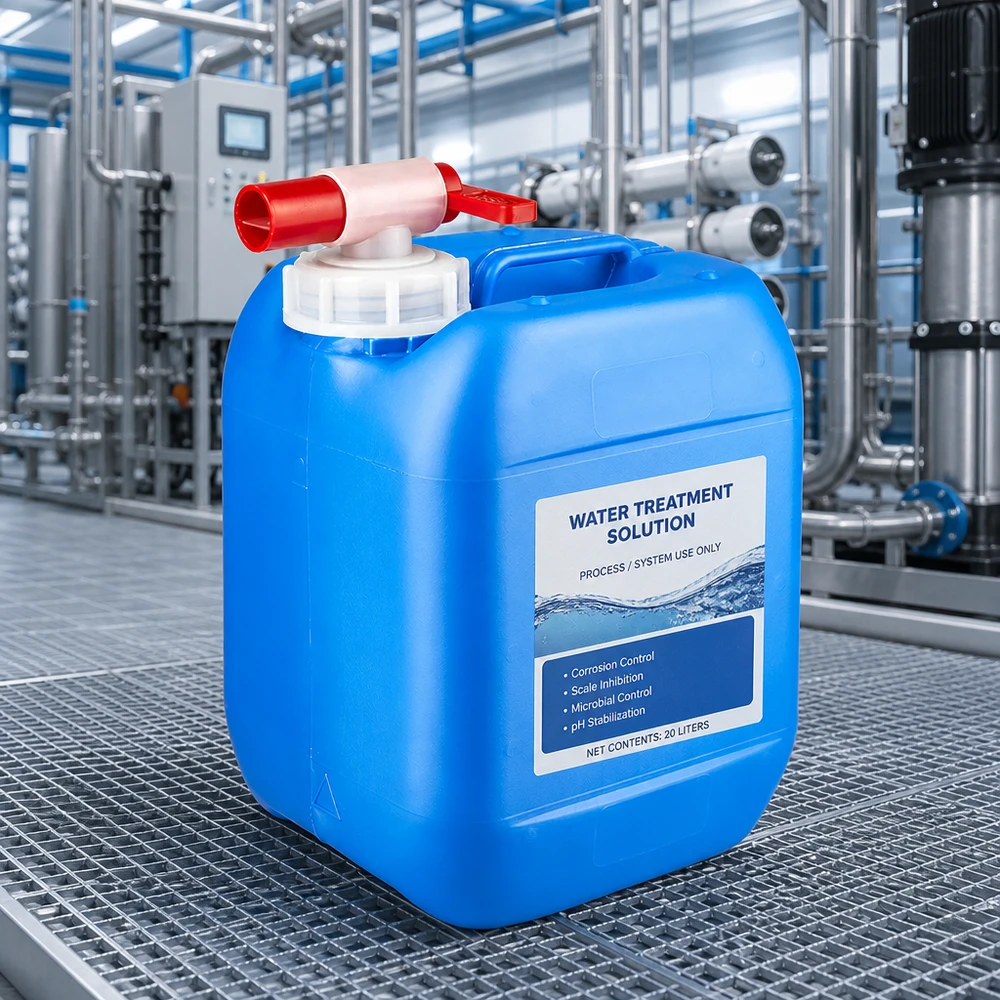 Niebieski kanister z HDPE o pojemności 5 litrów z czerwonym kranikiem do uzdatniania wody w instalacjach przemysłowych