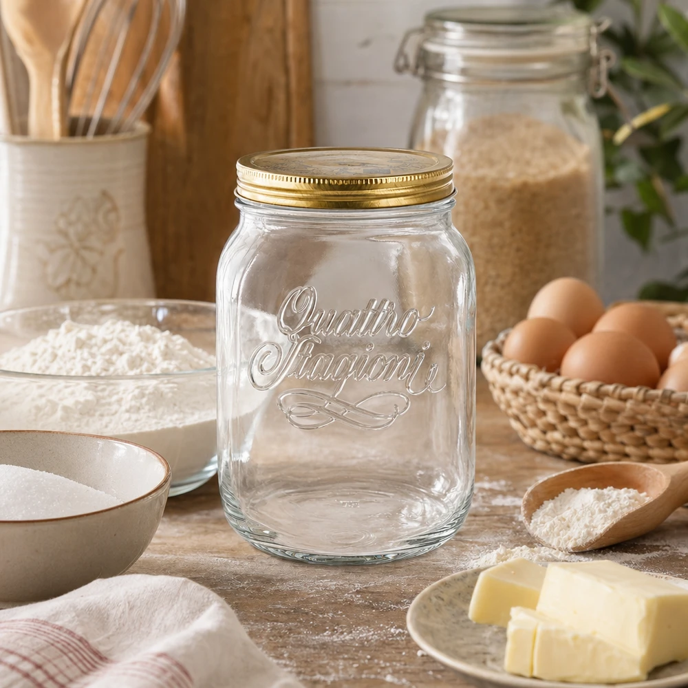 Słoik na przetwory Quattro Stagioni 2000ml w rustykalnej kuchni ze składnikami do pieczenia - włoski słoik do przechowywania mąki