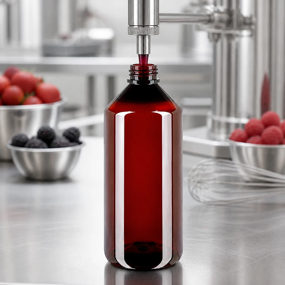 Butelka PET 1000ml z nakrętką odgazowującą czerwona Zbliżenie na czerwony korek odgazowujący na brązowej butelce PET o pojemności 1000 ml w produkcji żywności