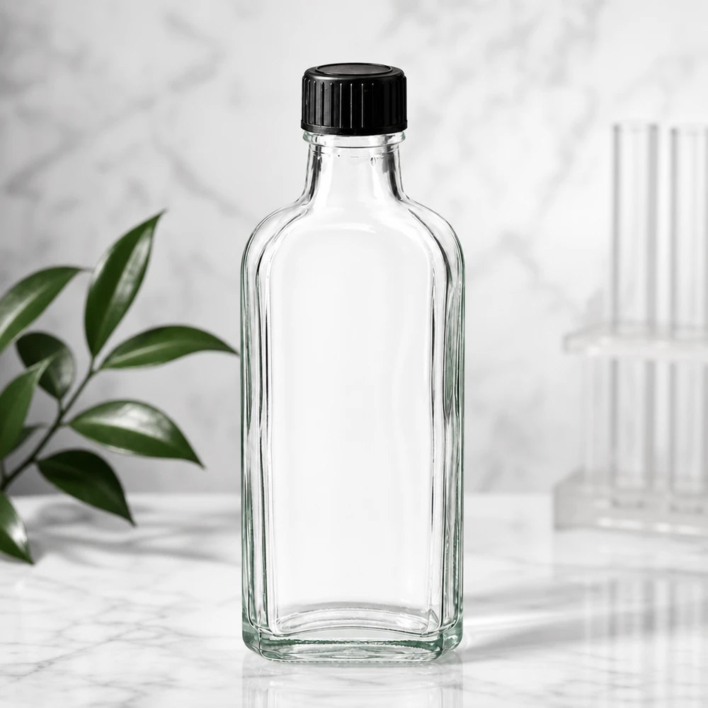 100 ml Przezroczysta zakrętka Meplat z dyskiem uszczelniającym LKD Pusta, przezroczysta szklana butelka Meplat o pojemności 100 ml z czarną zakrętką na marmurowym tle