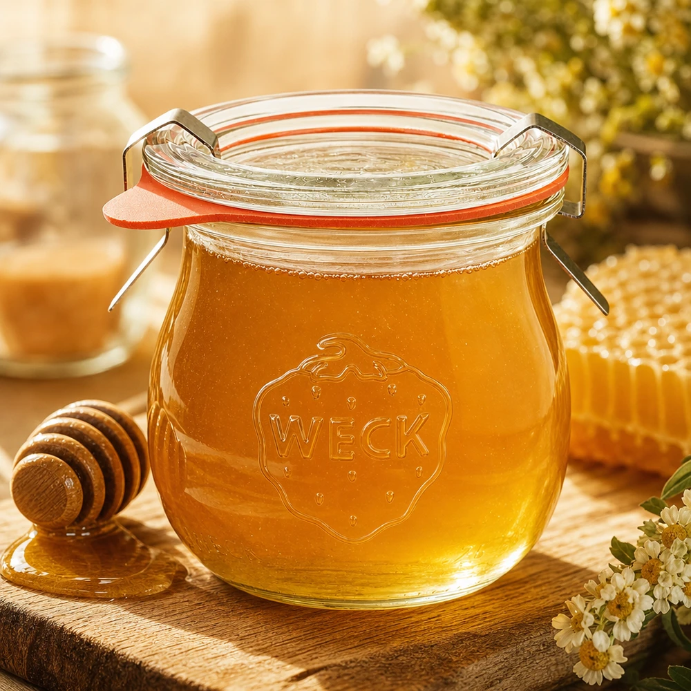 Słoik tulipan 75ml kompletny WECK RR40 WECK tulipan słoik 75ml wypełniony miodem i plastrem miodu na drewnianej desce z kwiatami w ciepłej kuchennej atmosferze