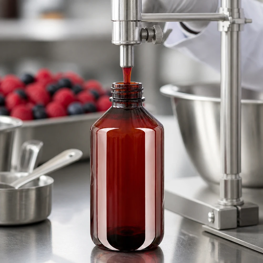 Butelka PET 500 ml z białą nakrętką typu flip-top. Butelka PET o pojemności 500 ml w kolorze bursztynowym jest napełniana maszynowo ekstraktem z czerwonych jagód