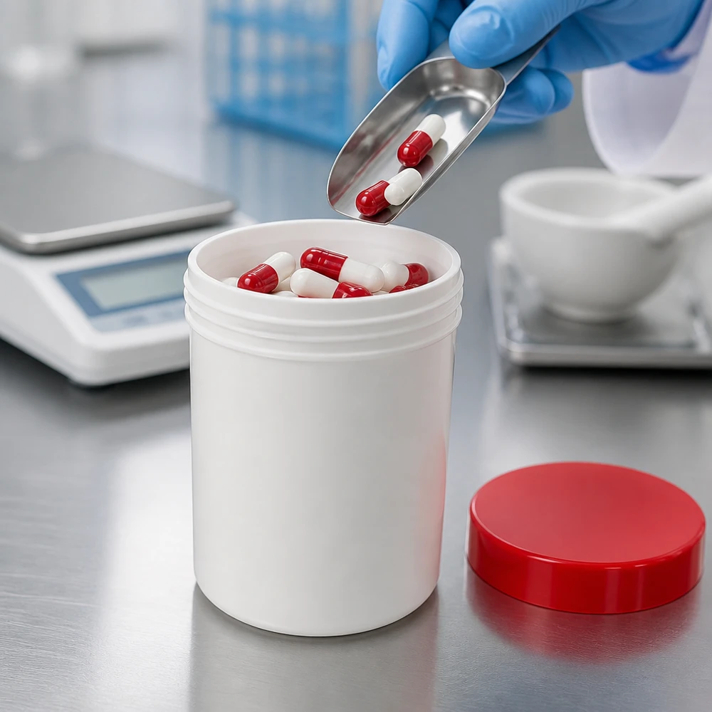 Słoik na maść 300g biały z czerwoną zakrętką (PP) Rozlew farmaceutyczny kapsułek do białych słoików na maści o pojemności 300 g z czerwoną zakręcaną pokrywką z PP