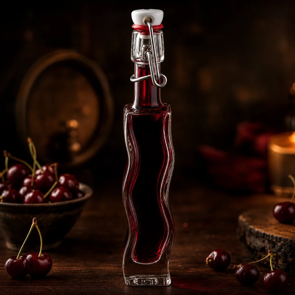 Szklana butelka Fila 40 ml z zamknięciem z PVC UNiTWIST® 40 ml szklana butelka Anna z ciemnoczerwonym wiśniowym płynem w rustykalnej atmosferze piwniczki ze świeżymi wiśniami