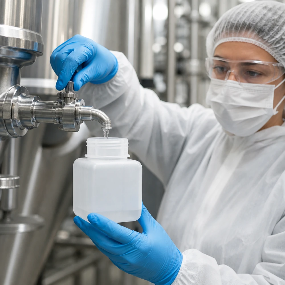 Technik w stroju ochronnym pobiera próbkę cieczy z butelki z szeroką szyjką z PE-HD o pojemności 500 ml w kolorze naturalnym