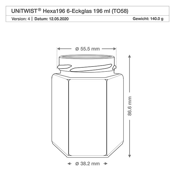 UNiTWIST Hexa196 - 6-komorowy słoik o pojemności 196 ml TO58 UNiTWIST Hexa196 sześciokątny słoik na mason 196ml gwint TO58 rysunek techniczny o wymiarach 55.5mm średnica