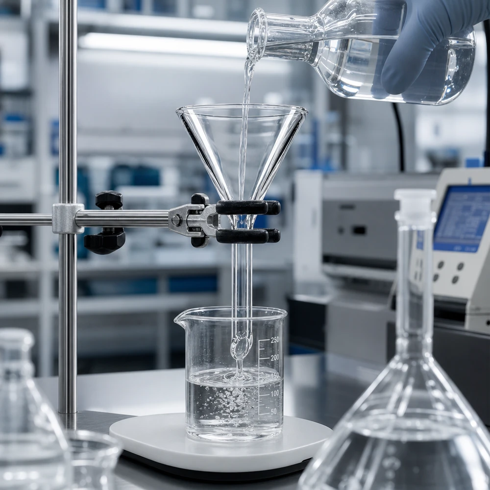 Lejek Ø 30 mm do wapna sodowanego, kąt 60°, krótki Kompaktowy lejek laboratoryjny wykonany ze szkła sodowo-wapniowego z otworem 30 mm do wydajnej filtracji i separacji